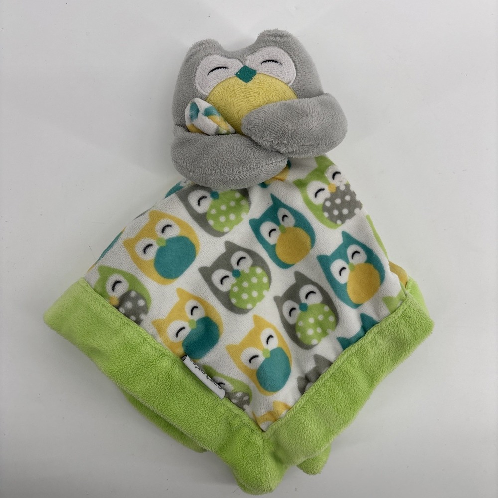 Carters Gray Owl Plush Velour Lovey Security Blanket Green Yellow‎ 14" 2016